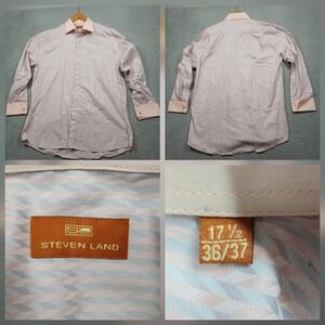 Steven Land Dress Shirt Men's 17.5 Pink Stripe‎ Contrast Cuff